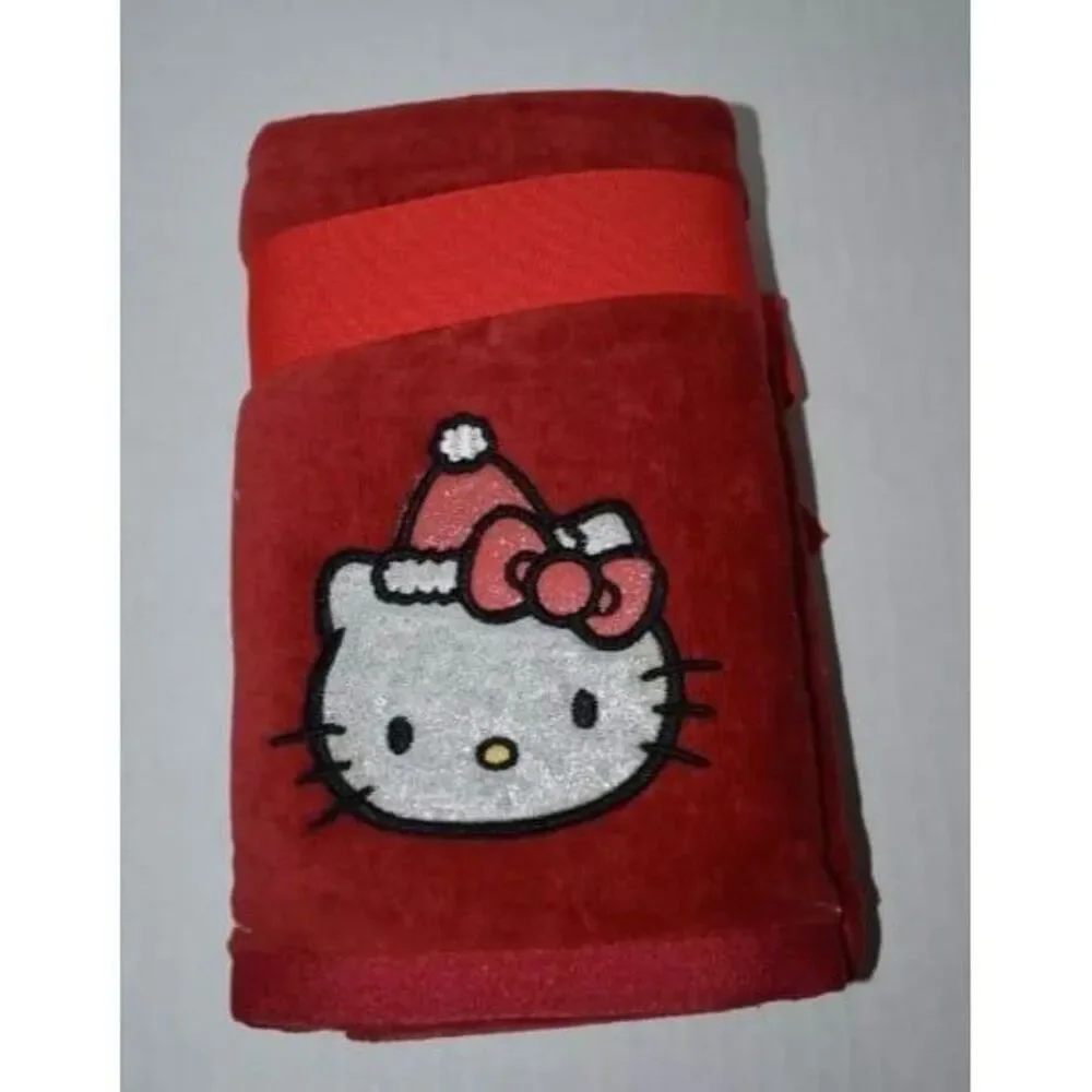 Hello Kitty Red Holiday Hand Towel Set With Embroidered Santa Design & Gift Bow